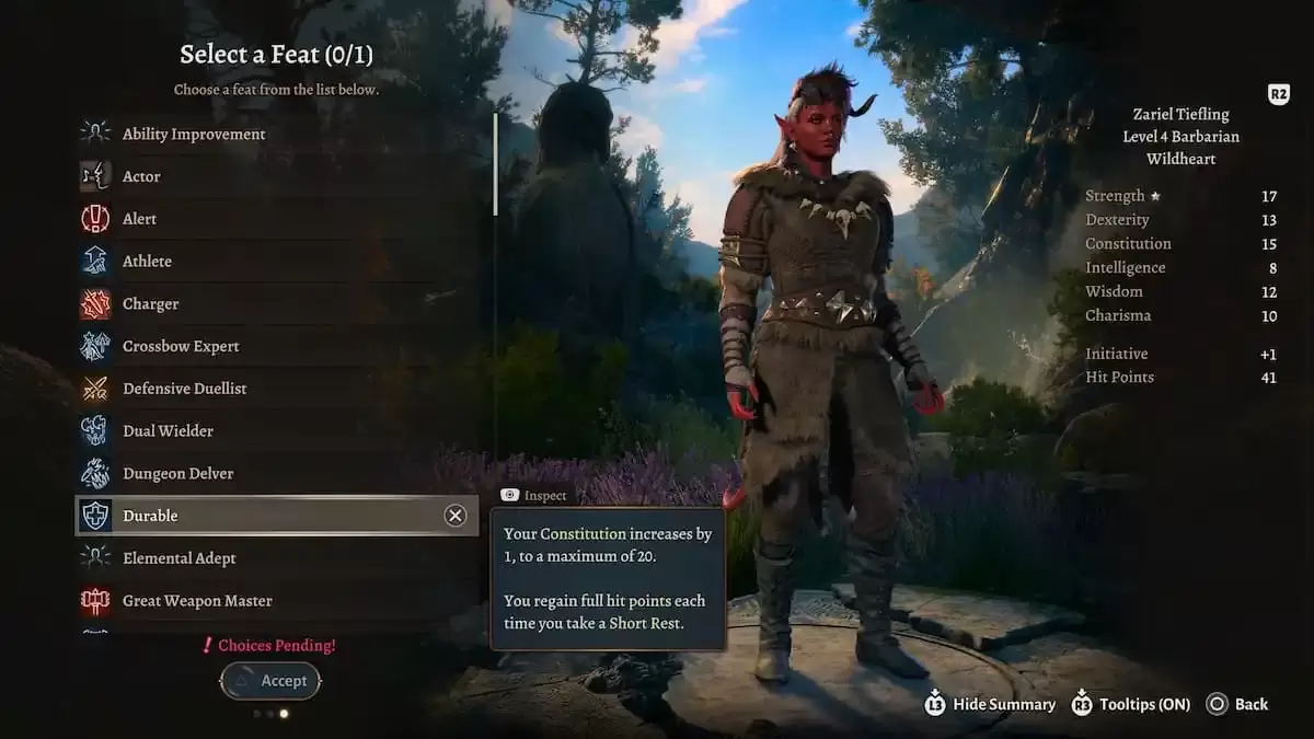 A Tiefling Barbarian showcasing the Durable feat in Baldur's Gate 3