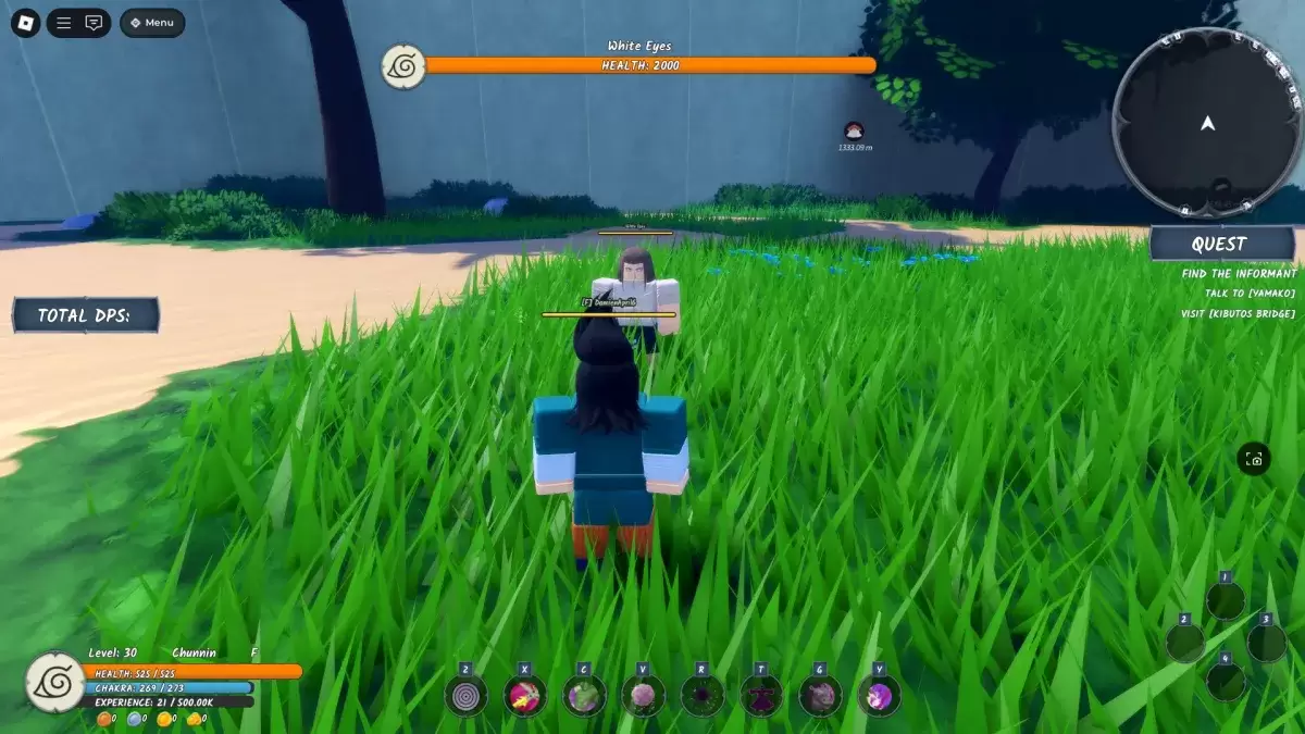 Un jugador de pie junto a los ojos blancos, el último jefe del examen de Chunin en Ninja Time Roblox Experience