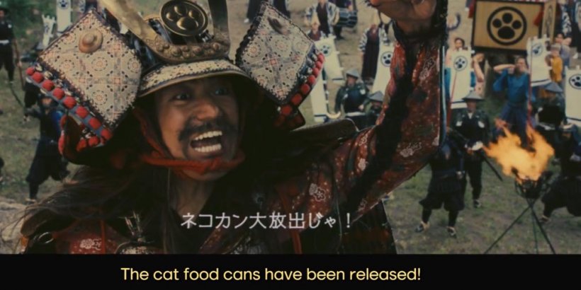 cinematic shot of a samurai yelling the cat food cans have been released