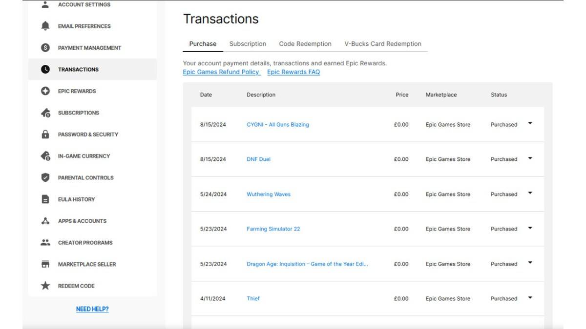 Epic Games transactions page showing purchase history