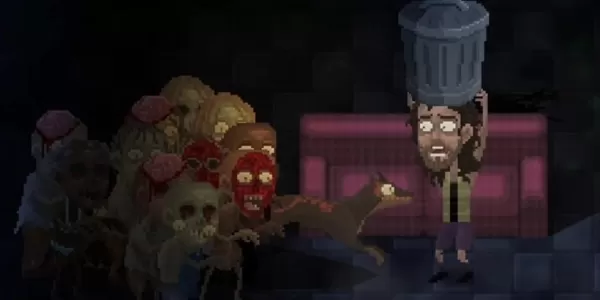 Une horde de zombies s'approche d'un homme paniqué tenant une poubelle au-dessus de sa tête, tandis qu’un chien bondit vers lui depuis la foule.