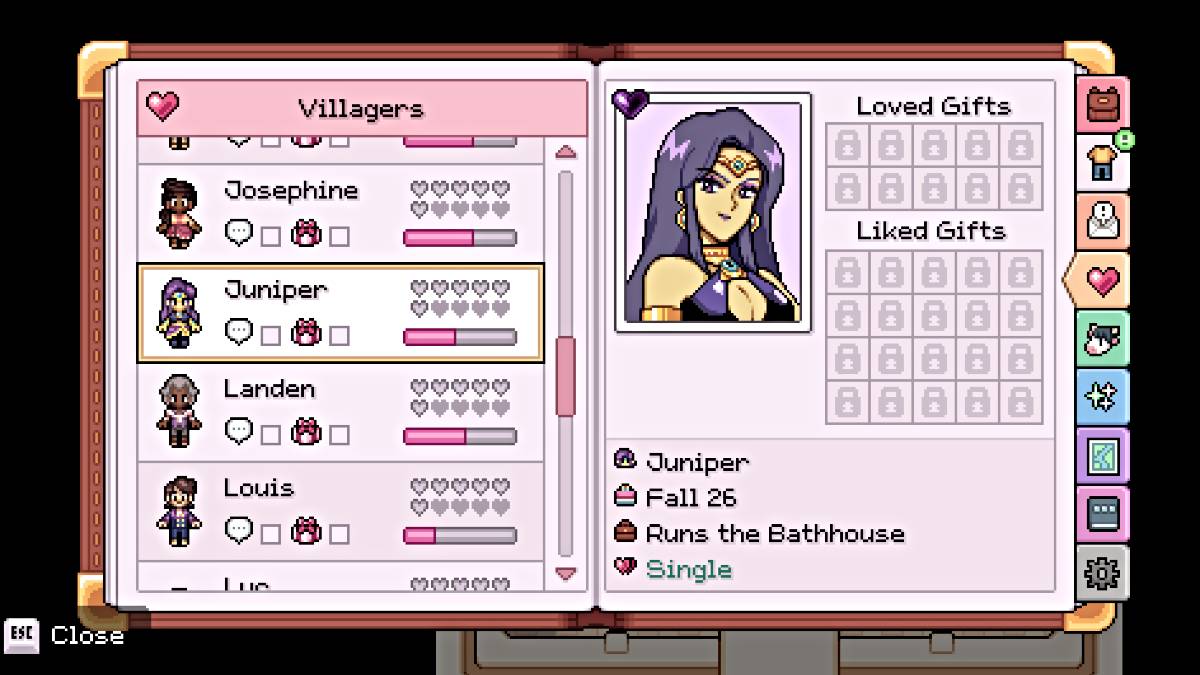 Juniper's friendship profile in Fields of Mistria