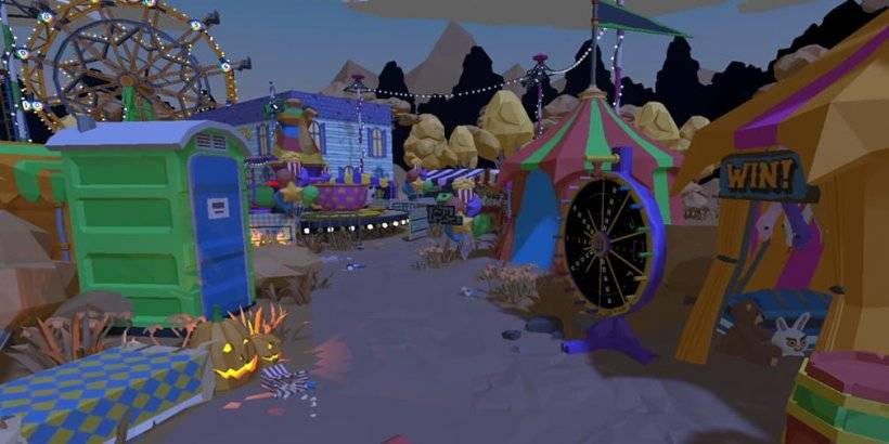 Isang screenshot ng mababang-poly carnival na may maraming mga tolda at karnabal na laro