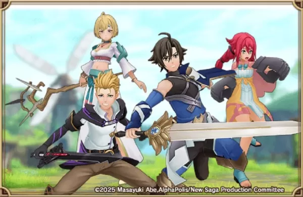 Four fantasy characters from New Saga standing together on a grassy landscape