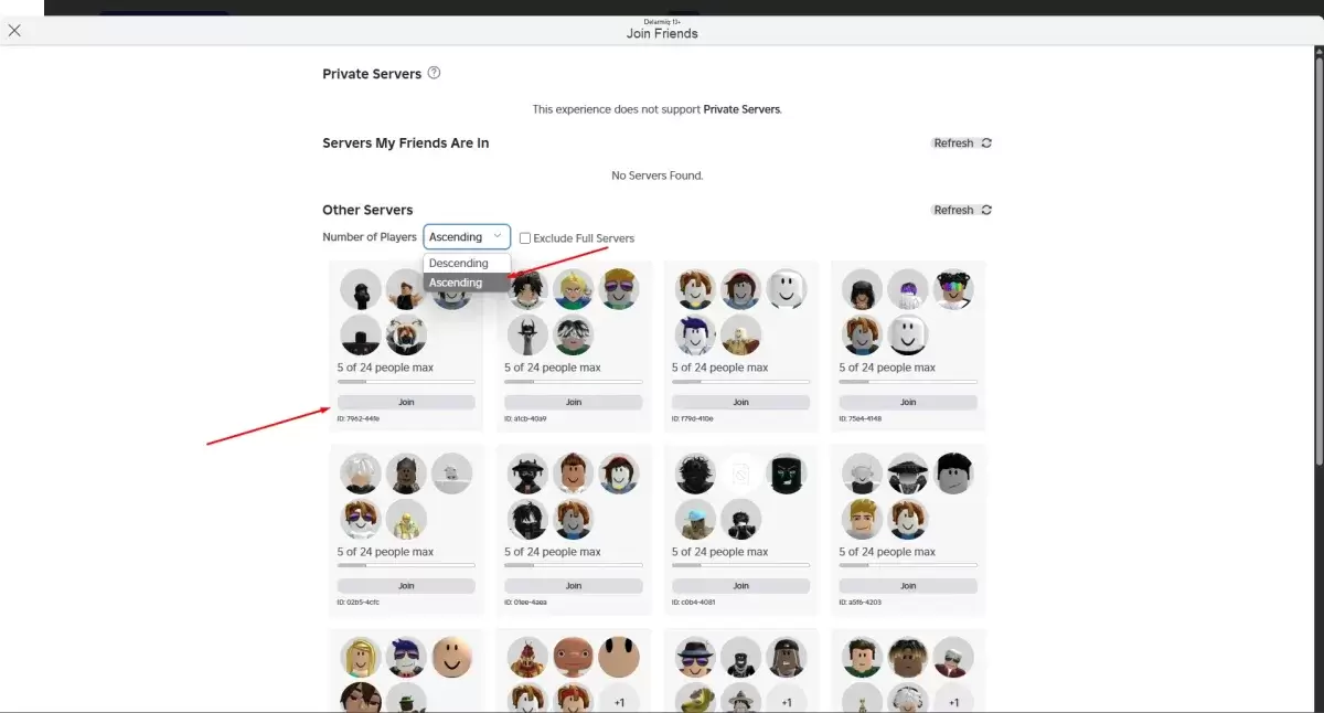 Roblox Blockspin सर्वर चयन मेनू