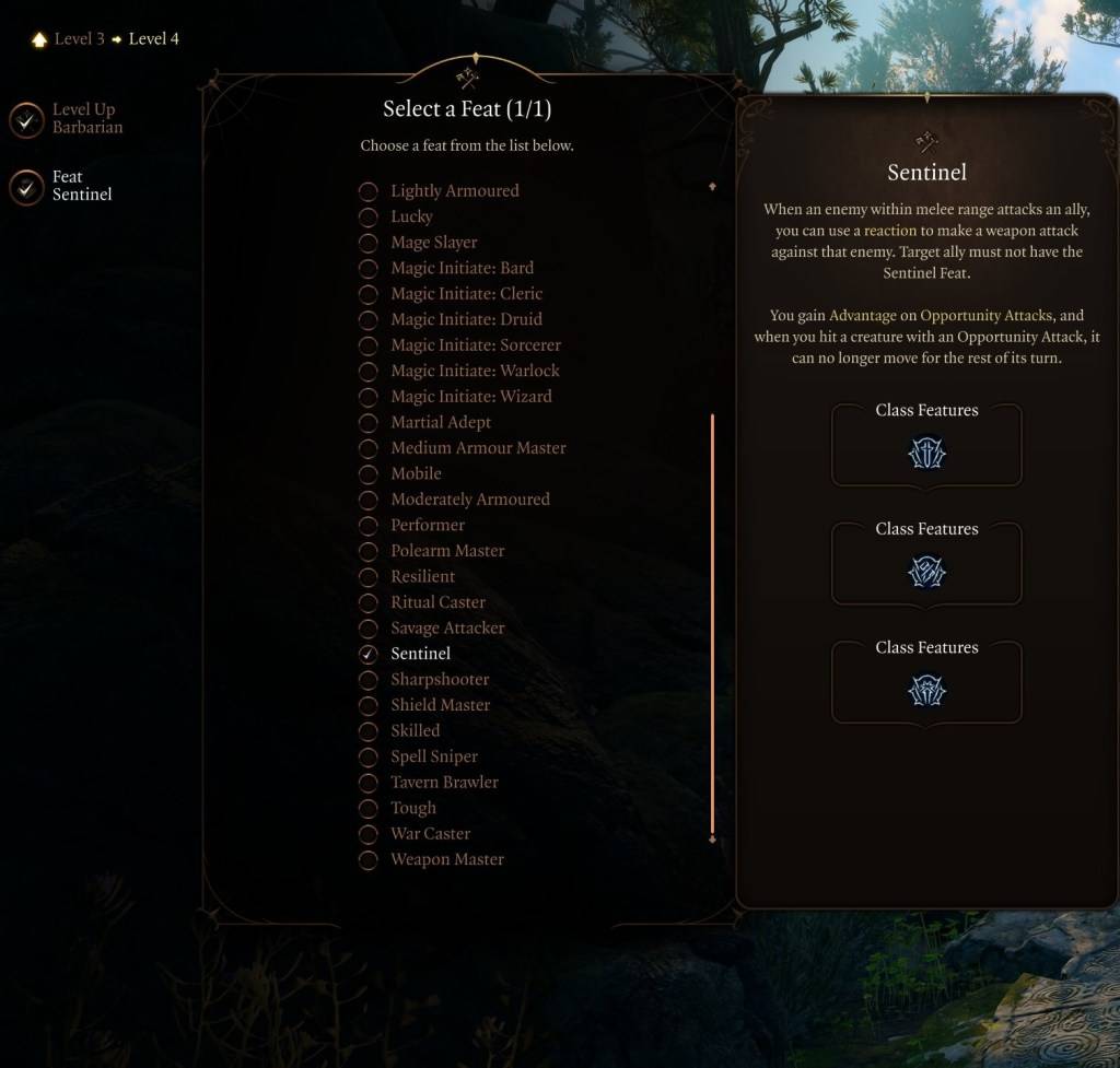 The Sentinel feat in Baldur's Gate 3