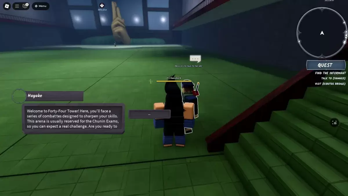 Seorang pemain berdiri di sebelah Hayake Chunin Exam NPC di Ninja Time Roblox Experience