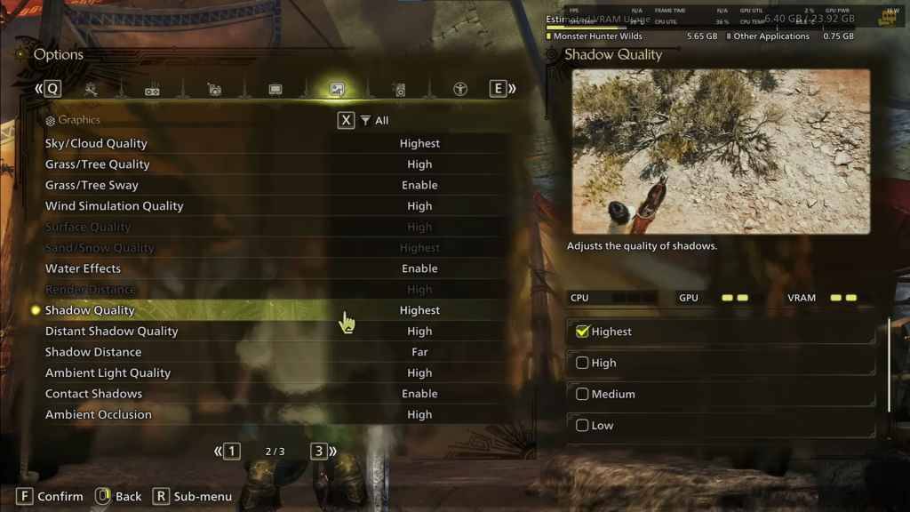 Zrzut ekranu ustawień graficznych w Monster Hunter Wilds