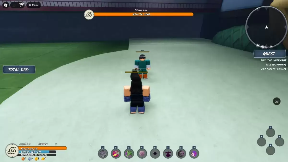 Un jugador parado al lado del jefe de examen de Stone Leo Chunin en Ninja Time Roblox Experience